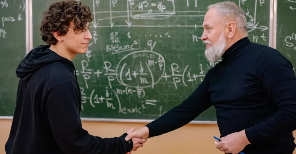 A professor and student shake hands in front of a chalkboard filled with mathematical formulas, symbolizing education and mentorship.